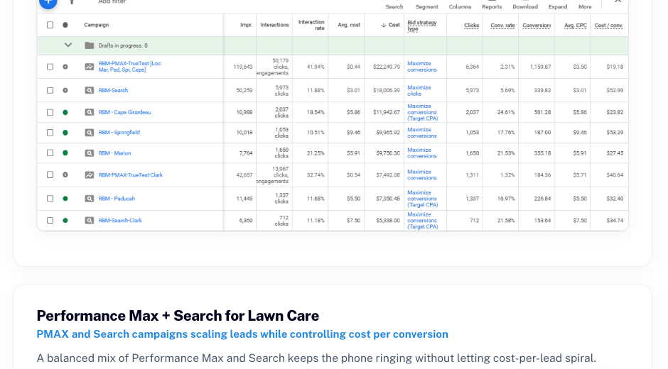 Rare Blue Moon Google Ads account: multi-location search campaigns with real clicks, conversions, and cost per conversion
